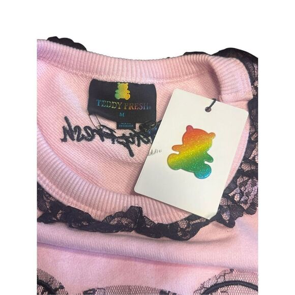 Teddy Fresh applique Bear pink sweater black Lace trim Women’s medium streetwear - Picture 11 of 12